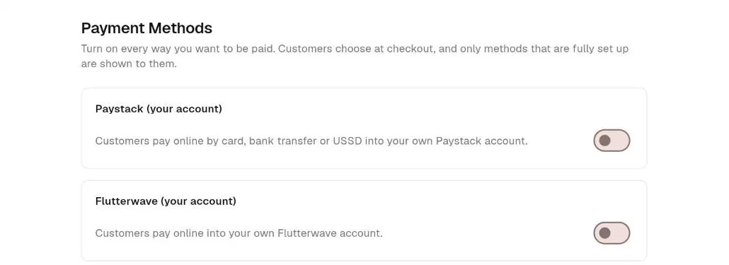 Webift Payment Settings screen showing separate switches for Paystack and Flutterwave accounts