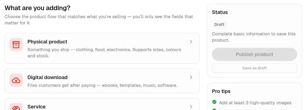 Webift Add product screen asking whether you are adding a physical product, a digital download or a service