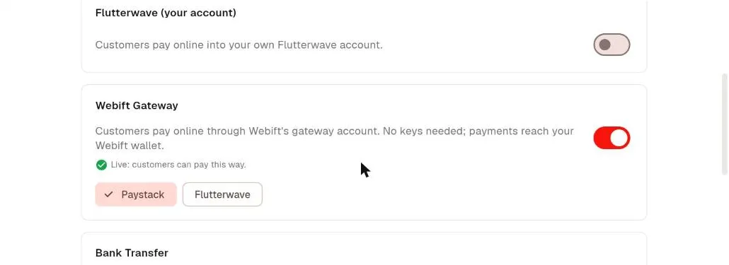 Webift Payment Settings showing the Webift Gateway option with Paystack selected and the Bank Transfer section