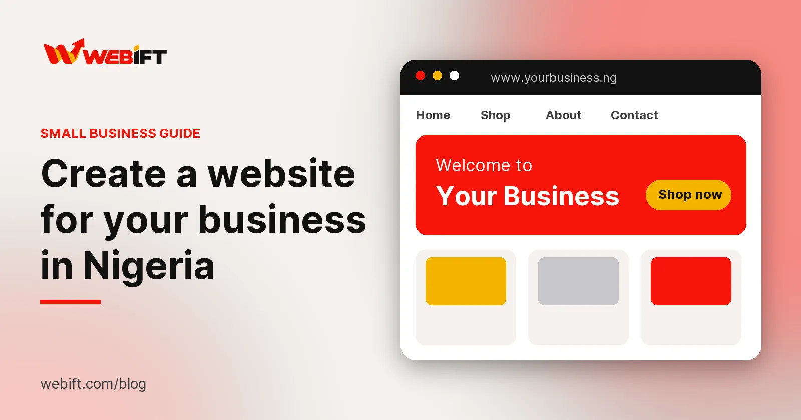 A browser window showing a small business website with a menu, hero banner and product tiles